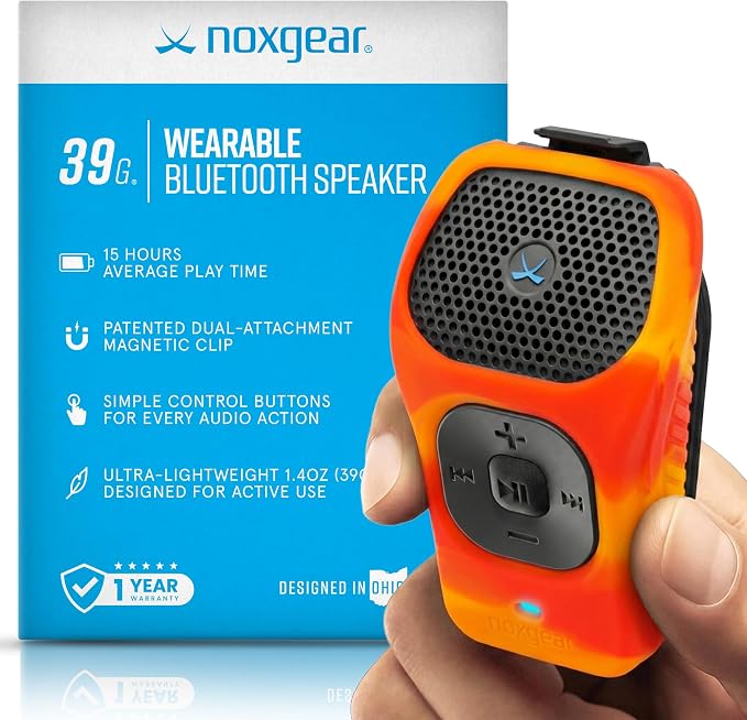 noxgear 39g Wearable Bluetooth Speaker, Magnetic Mini Clip-On EDC Gear, Waterproof Up to 15 Hours Playtime | Clip On Speaker, Wearable Speaker with Microphone, 100ft Range (Color: Fire)