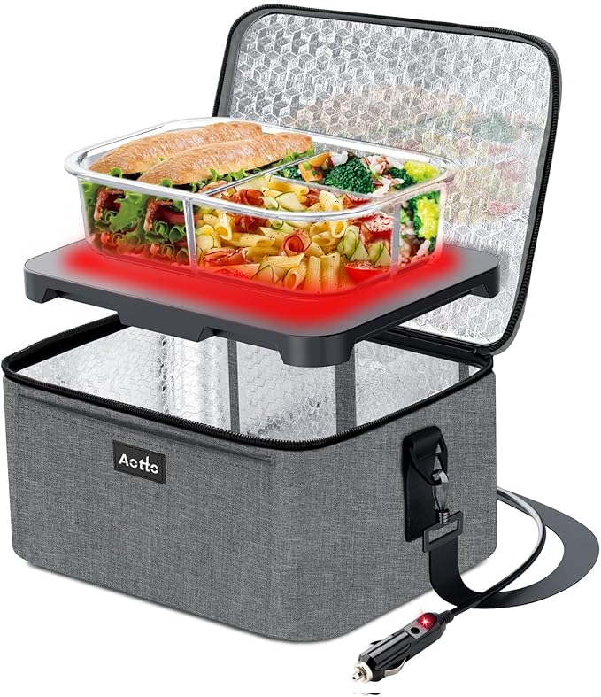 Aotto Portable Oven Electric Lunch Box Food Heater - 12V 24V 2-in-1 Car Food Warmer, Heated Lunch Box for Adults, Cook, Reheat, and Keep Meals Warm for Car, Truck, Travel - Grey