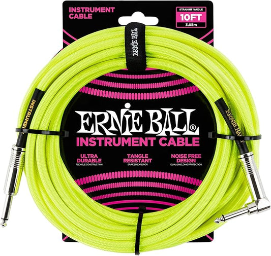 Ernie Ball Braided Instrument Cable, Straight/Angle, 10ft, Neon Yellow (P06080)