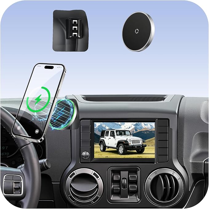Car Phone Holder for Jeep Wrangler (2011-2016 2017),Magsafe Car Mount Charger,Magnetic Phone Holder,15W Wireless Charging,Dashboard Phone Holder,360° & Hands Free,2015 Wrangler Interior Accessories