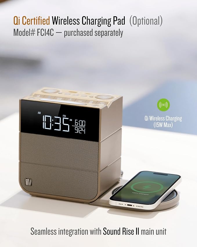 Soundfreaq Sound Rise II, SFQ-16: Bedside Alarm Clock Radio & Bluetooth Speaker, with Large Display Screen, FM Radio, Fast USB Charging, and Nature Sound (Wood Taupe)