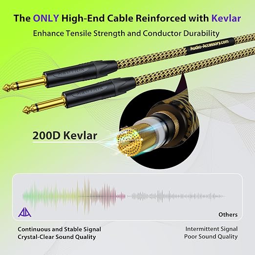 AA AUDIO ACCESSORY Gold Series Guitar Cable 10 ft (Gold-Plated Neutrik Connectors) 16 AWG, Kevlar Reinforced Braided 1/4 Instrument Cord for Electric Guitar Amp Bass, 100% Shielded, Yellow/Black