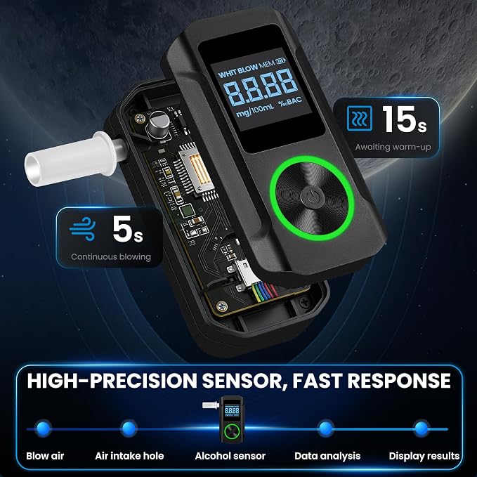 VXF Breathalyzer, Portable Alcohol Breathalyzer Tester with LCD Display & Indicator Ring, Professional-Grade Accuracy, Includes 30 Replaceable Mouthpieces, for Personal & Party Use