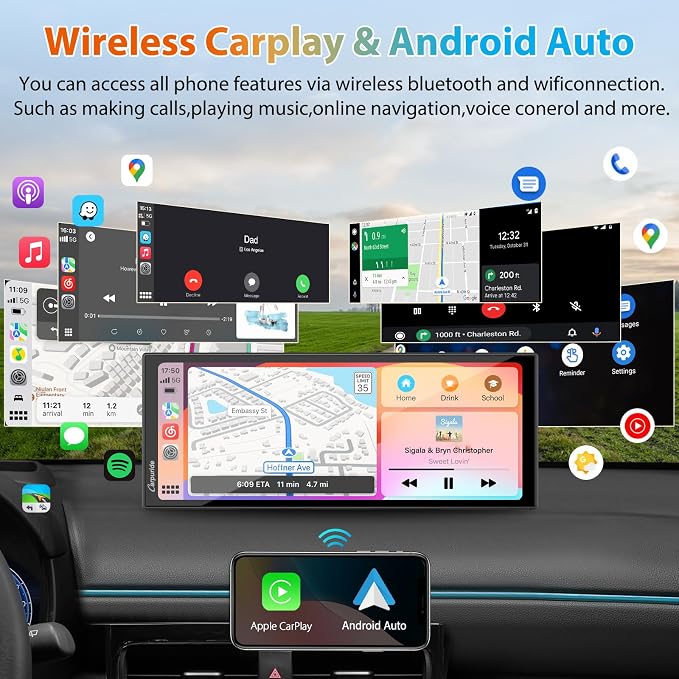CARPURIDE 11.26 Inch HD Wireless Carplay & Android Auto Screen, 4K +1080P+1080P Dash Camera for Cars with 64GB Card, with Loop Recording, Bluetooth, GPS, FM, Super Link