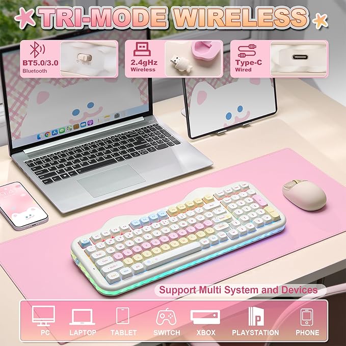 YUNZII C98 Wireless Mechanical Keyboard with Number Pad,99 Key BT5.0/2.4G/USB-C Hot Swap Gasket Mount with PBT MOA Keycaps,Custom RGB,Cute Cake Keyboard for Win/Mac (Beige, Candy Linear Switch)