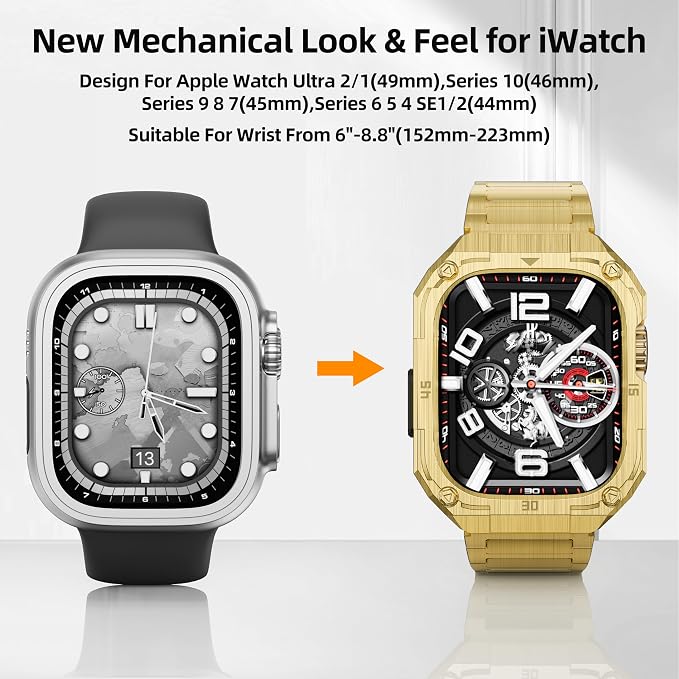 Stainless Steel Case with Band Compatiable for Apple Watch Band 44mm -Rugged Metal iWatch Bumper Cover and Strap for Men iWatch Bands Series 6 5 4,Gold