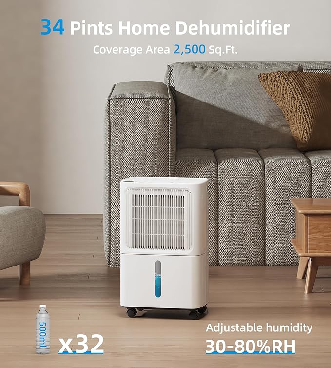 VEAGASO 2500 Sq. Ft Dehumidifier for Basement, 34 Pint Dehumidifiers For Home, Large Room, Auto Drain or Manual Drainage, Digital Control Panel, Auto Defrost, 24H Timer