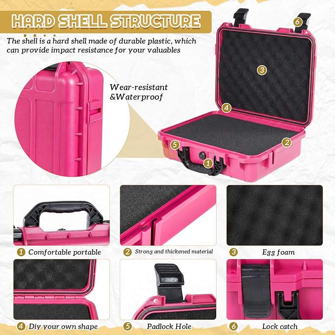 Relaxweex 1 Pcs 16.3 x 6.5 x 3.7 Inch Waterproof Hard Case with DIY Customizable Foam Insert Portable Protective Case with Knife for Camera Drones Equipments Tools Test Instruments(Rose Red)