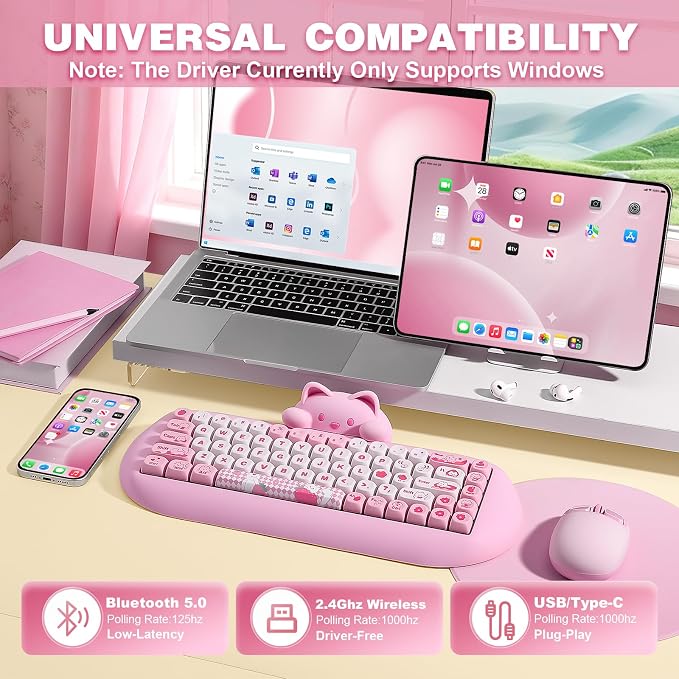 YUNZII C68 Wireless Mechanical Keyboard,65% Layout,Hot Swap,Triple Mode BT5.0/2.4G/Wired, RGB Backlit NKRO,Cute Cat Silicone Ergonomic Design for Win/Mac (Pink, Milk Switch)