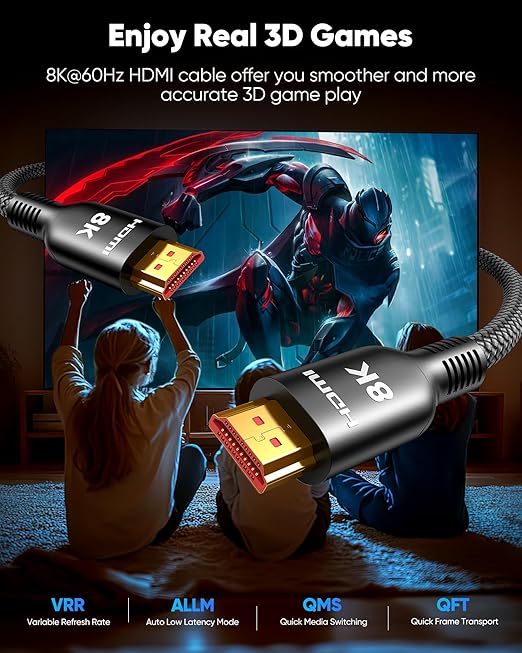 Highwings 8K HDMI Cable 2FT, 48Gbps Ultra High Speed HDMI Cable Braided Cord-4K@120Hz 8K@60Hz, DTS:X, HDCP 2.2&2.3, HDR 10 Compatible with Roku TV/PS5/HDTV/Blu-ray