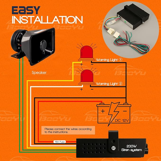 9 Tones Police Emergency PA Siren System 12V 200W [Rectangle Speaker][125-135dB][Handheld Microphone][Hands-Free][2 x 10A Switches] for Firefighter Ambulance Vehicles Truck SUV ATV UTV