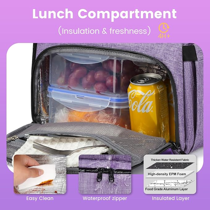 RUCYEN Lunch Backpack, Insulated Cooler Backpack Lunch Box for Women, 15.6 Inch RFID Blocking Laptop Backpack with USB Port, for Work Travel Picnics Hiking Purple