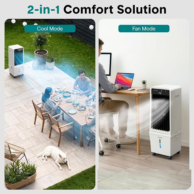 SereneLife Evaporative Air Cooler with 15 L Detachable Water Tank, Air Cooler with 1500 CFM Cooling Power, Indoor Outdoor Oscillating System with Wheels, Remote & Ice Packs, (Black & White)