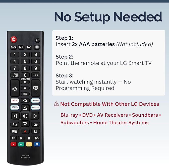 AKB76040302 LG TV Remote Control Replacement for Smart TV - Easy Setup Remote, Streaming Shortcuts - Works with LG 4K, UHD, LED, OLED Smart HDTV Models (AKB75095307, AKB74915305, AKB75855501)
