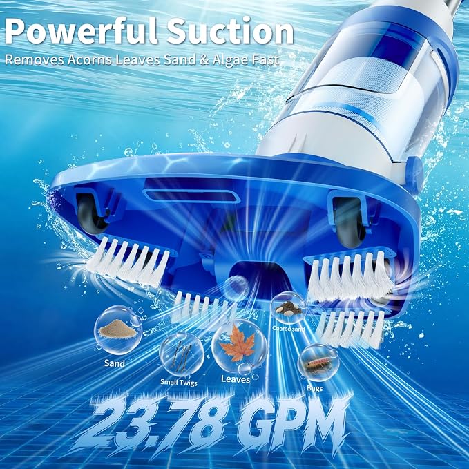 Cordless Pool Vacuum for Inground & Above Ground Pools: 23.8 GPM Powerful Stable Suction, Telescopic Pole up to 90.6", 60-Min Runtime, Extra-Large Filter & Rechargeable Pool Cleaner for Spas/Hot Tubs