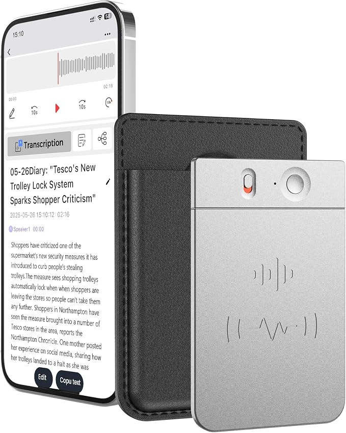 AI Voice Recorder Note Taking Device App Control Transcription Summarization 112 Languages Grabadora de Voz for Lectures Meetings Calls 64GB Memory Magnetic Case(Silvery)