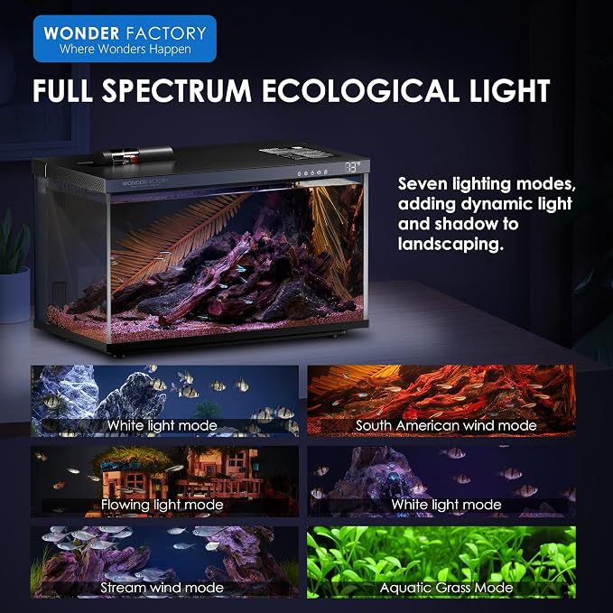 Wonderfactory Smart Aquarium 5 Gallon Glass Fish Tank, Self Cleaning System Efficiency Filter 7 Color LED Lights Automatic Feeder Temperature Display Monitor HD UHA Glass, Smart Control with Apps