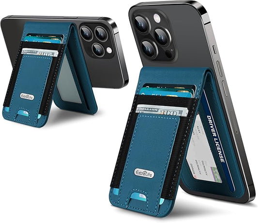 For Magsafe Wallet Stand, Strongest Magnetic Phone Wallet, Leather Magnetic Card Holder Wallet for iPhone 17/16/15/14/13/12 Series, ID Window, 4 Card Slots, Hold 10 Cards, RFID Blocking, Blue
