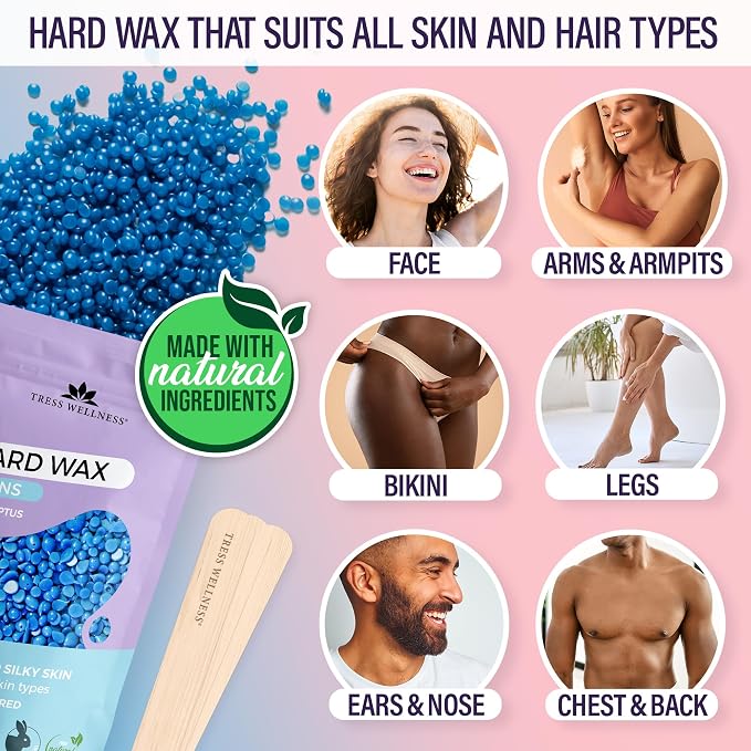 Tress Wellness Award Winning Waxing Kit for Sensitive Skin – Safe for Face & Skin, Easy to Use – At-Home Kit for Face, Bikini, Brazilian & Full Body - Digital Display, Pink to Teal
