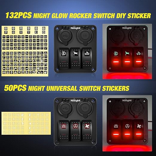 Nilight ３ Gang Rocker Switch Panel with USB Charger and Cigar Lighter Red Night Glow Stickers12V 24V Toggle ON Off for Cars Rvs Trucks