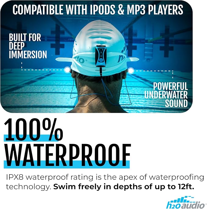H2O Audio Surge S+ Waterproof Sport Headphones, (Short Cord Design) – in-Ear Sweatproof Earbuds for Swimming, Running, Cycling – IPX8 Waterproof, Compatible with iPods & MP3 Players