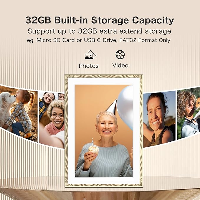 Digital Picture Frame, 10.1'' Frameo Digital Frame Wifi, 32GB Memory, 1280*800 HD Touch Screen Digital Photo Frame, Wall Mountable, Share Instantly, Anniversary, Birthday Gifts for Women, Mom, Golden