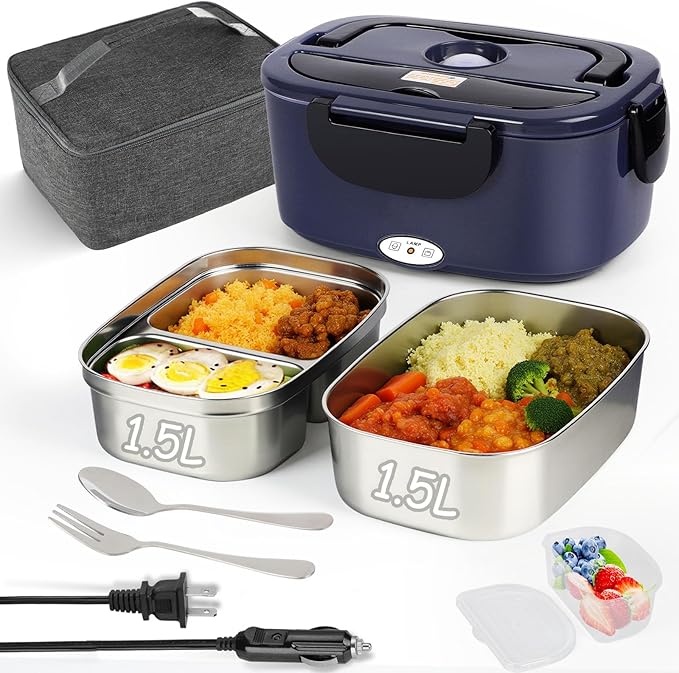 Electric Lunch Box for Adults - 1.5L Single/Double Layer Stainless Steel Food Warmer - 80W Fast PTC Heated Lunchbox, 12V/24V/110V Portable Food Heater for Car&Truck, Office, Camping, Travel