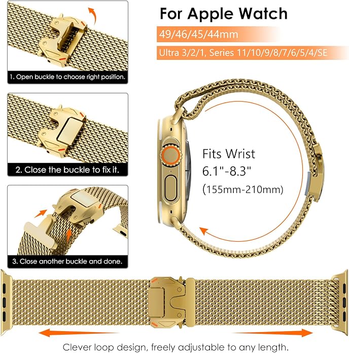 WINGLE Milanese Loop for Apple Watch Band Ultra 3/2/1 Band Ultra 49mm Series 11 10 46mm 45mm 44mm SE 3/2/1 Series 9 8 7 6 5 4 3 Men Women,Parachute-Style Buckle Stainless Steel Mesh Metal iWatch Bands
