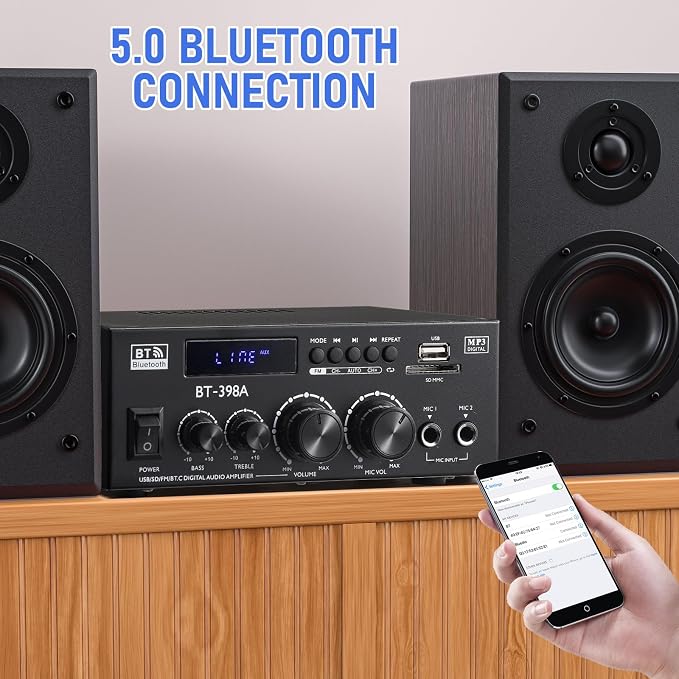 Facmogu BT-398A Stereo Digital Audio Amplifier, Max 450Wx2 HiFi Sound Audio Power Amplifier System, 2.0 Channel Receiver Amp for Home Theater Garage w/Fiber/Copper Jack, USB/SD/AUX/RCA/MIC in w/Echo