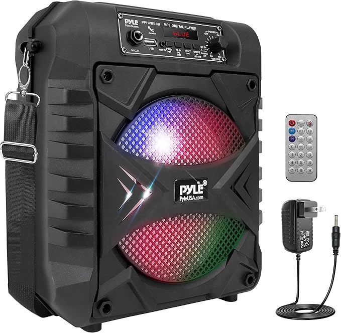Pyle Portable Bluetooth PA Speaker System, 300W Rechargeable Outdoor Bluetooth Speaker Portable PA System w/ 8” Subwoofer, AUX, Microphone in, Party Lights, MP3/USB, Radio, Remote
