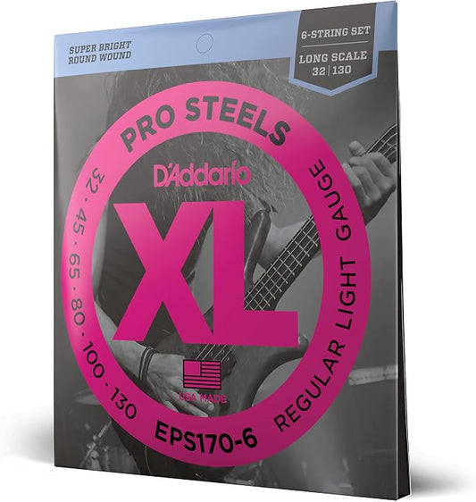 D'Addario XL ProSteels Bass Guitar Strings - EPS170-6 - 6 String - Long Scale - Regular Light, 32-130