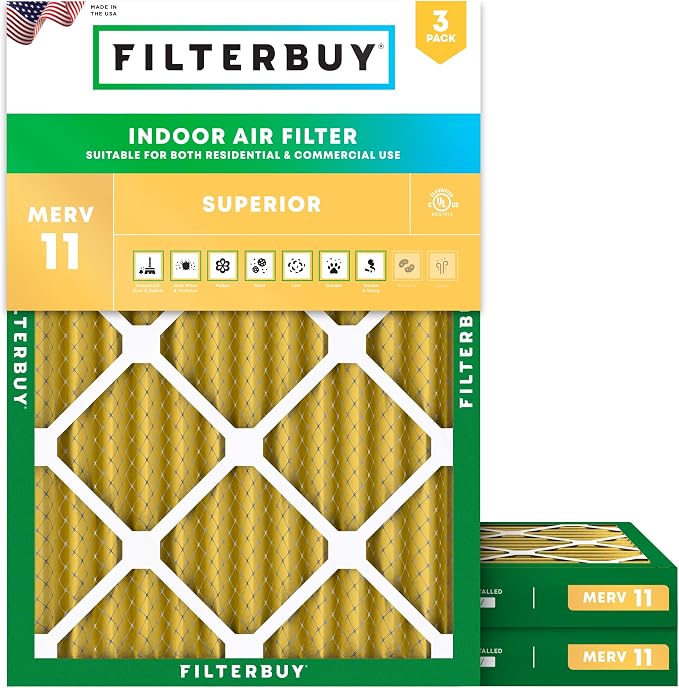 Filterbuy 20x25x2 Air Filter MERV 11 Superior Pet & Allergy Defense (3-Pack), Electrostatic Pleated HVAC AC Furnace Filters Replacement, Made in USA (Actual Size: 19.50 x 24.50 x 1.75)