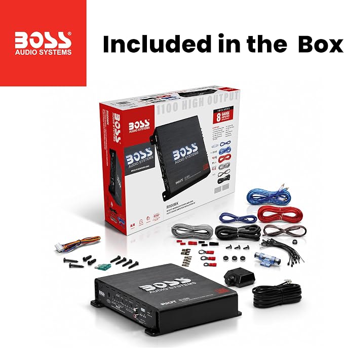 BOSS Audio Systems R1100MK Monoblock Car Amplifier and 8 Gauge Wiring Kit - 1100 High Output, High Low Level Inputs, Low Pass Crossover