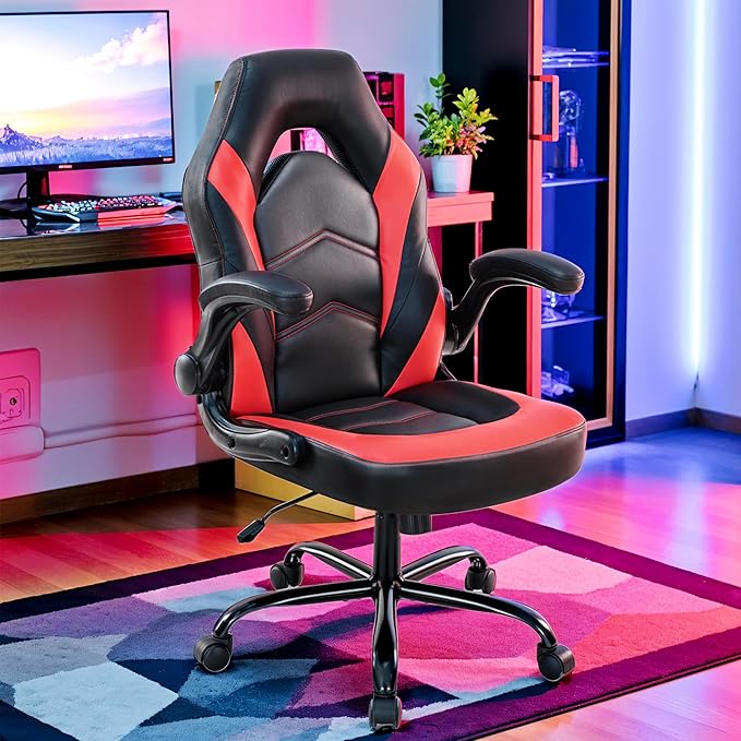 Ergonomic Gaming Desk Chair - Adjustable PU Leather Swivel Racing Chair with Flip-up Armrests for Home Office and Entertainment, Perfect for Adults, Kids, and Gamers, Black Red