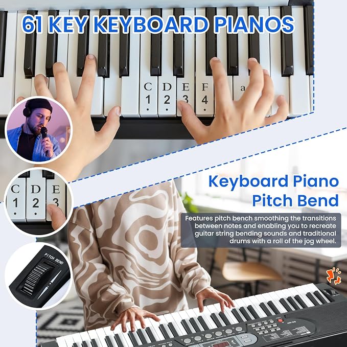 61 Key Keyboard Piano, Electric Piano Keyboard with Lighted Keys, Pitch Bend, Built-in Speakers- Includes Piano Stand and Bench, Microphone, Portable Keyboard Piano for Beginners