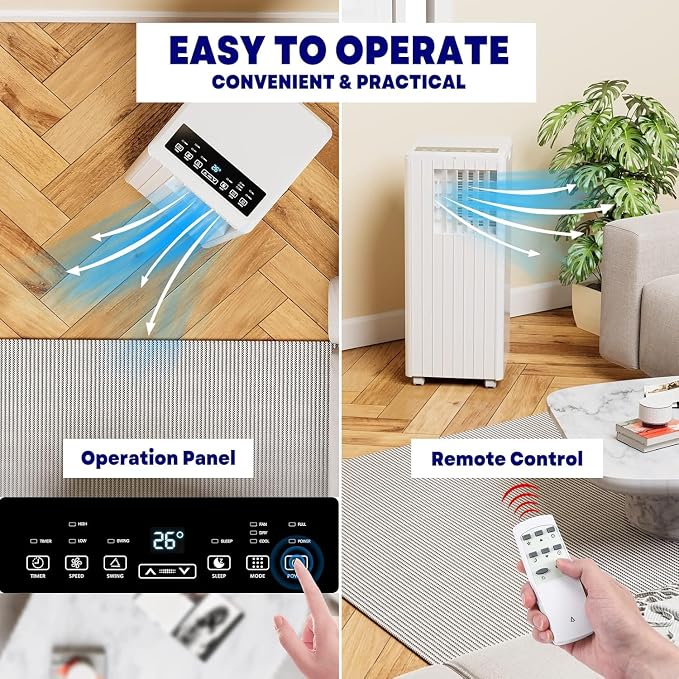 Portable Air Conditioners, Cool up to 350 Sq. Ft, 8,000 BTU 3-in-1 Movable AC for Bedroom with Dehumidifier, Fan, Sleep Mode, 24H Timer, Remote Control, and Window Installation Kit Included