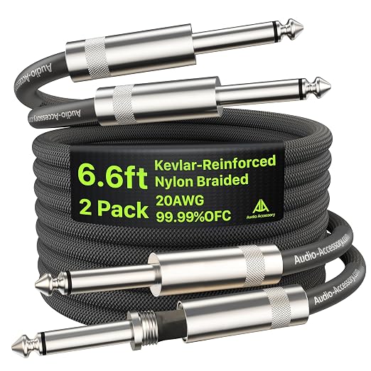 AA AUDIO ACCESSORY Guitar Cable 6.6ft 2 Pack, Kevlar-Reinforced 10X Heavy-Duty Nylon Braided, 20AWG 99.99% OFC, Heat-Shrink Protected 1/4 Instrument Cable, Shielded Amp Cord for Fender Electric Guitar