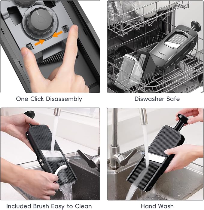 [7 in 1 ] Vegetable Slicer for Kitchen, Safe Mandoline Slicer, Adjustable Veggie Potato French Fry Cutter, Wider Tray & Stainless Steel Grater & Filter Basket & Lid & Cleaning Brush (Black Pro)