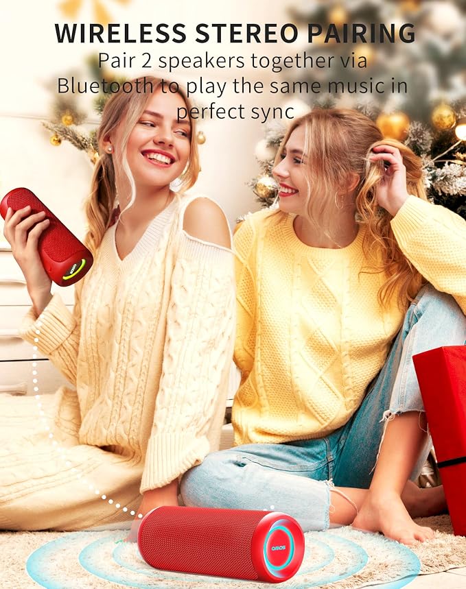 SOWO Portable Bluetooth Speaker, Waterproof IPX7, 25W Loud Wirelss Speaker | Big Audio and Punchy Bass, LED Light with TWS Pairing, 16H Playtime, Outdoor for Party, Beach, Travel, Girls Gifts - Red