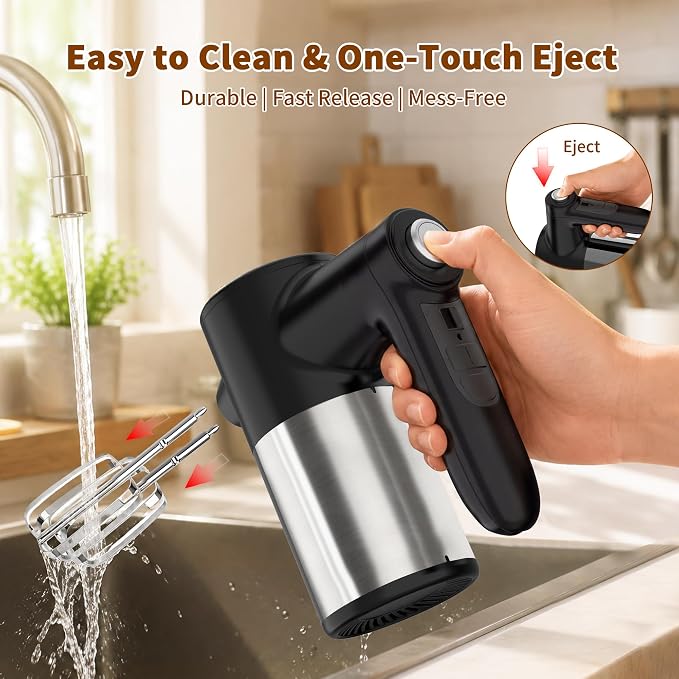 Cordless Electric Hand Mixer, 7 Speed Rechargeable Wireless Handheld Mixer with Eject Button, Long Battery, Quiet Anti-Splash, 6×304 Stainless Steel Attachments & Storage Base for Baking (Black)