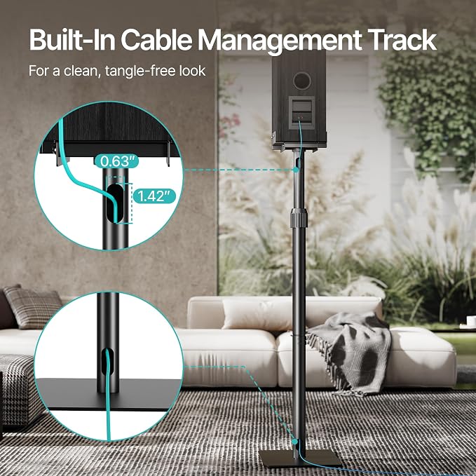 Pegzone Height-Adjustable Speaker Stands Pair, Black | Height Adjustable from 33.4" to 44", 11LBS Capacity, Surround Sound Speaker Stands, Cable Management, 1 Pair