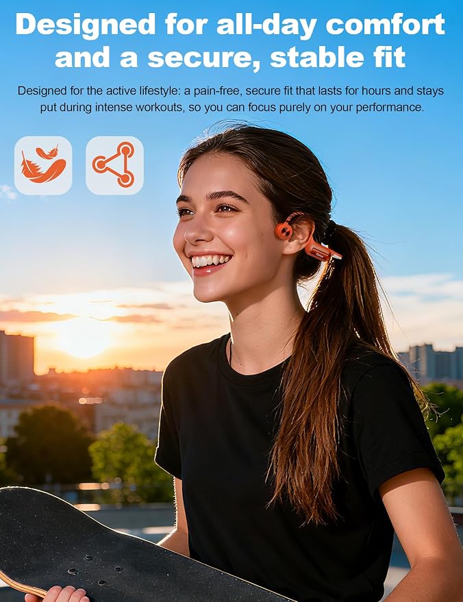 Bone Conduction Headphones, Open Ear Headphones with MP3 Mode 32GB, 10Hrs Playtime IP68 Waterproof Swimming Headphones Secure Fit for Running, Cycling, Work, Gift（Orange）