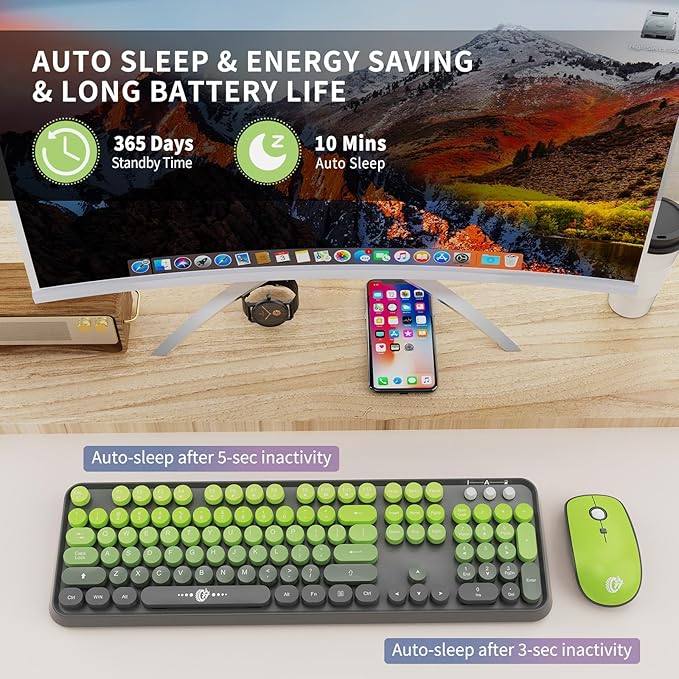 Wireless Keyboard and Mouse Combo, 2.4G USB Cordless Round Keyboard and Mouse for Laptop Computer TV (102 Keys Matcha Green)