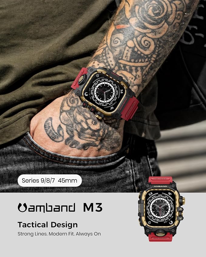 amBand M3 Rugged Case with Band Designed for Apple Watch Series 9/8/7 45mm, Military Bumper Heavy Duty Protector Protective Cover Shockproof Tactical Sport Accessories for iWatch Men, Red