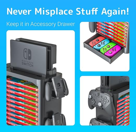 Skywin NS Compatible Nintendo Switch Games Holder, Nintendo Switch Stand, Game Disk Rack, Controller Organizer, Switch Holder Stand for Gamers, Nintendo Switch Accessories (Black)