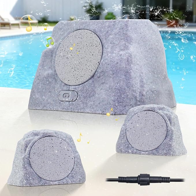 uuffoo 1-to-2 Solar Powered Rock Speakers Outdoor Water-Resistant IP44 Rock Speaker with Bass and USB Charging for Patio Pool Party Yard Garden Outside