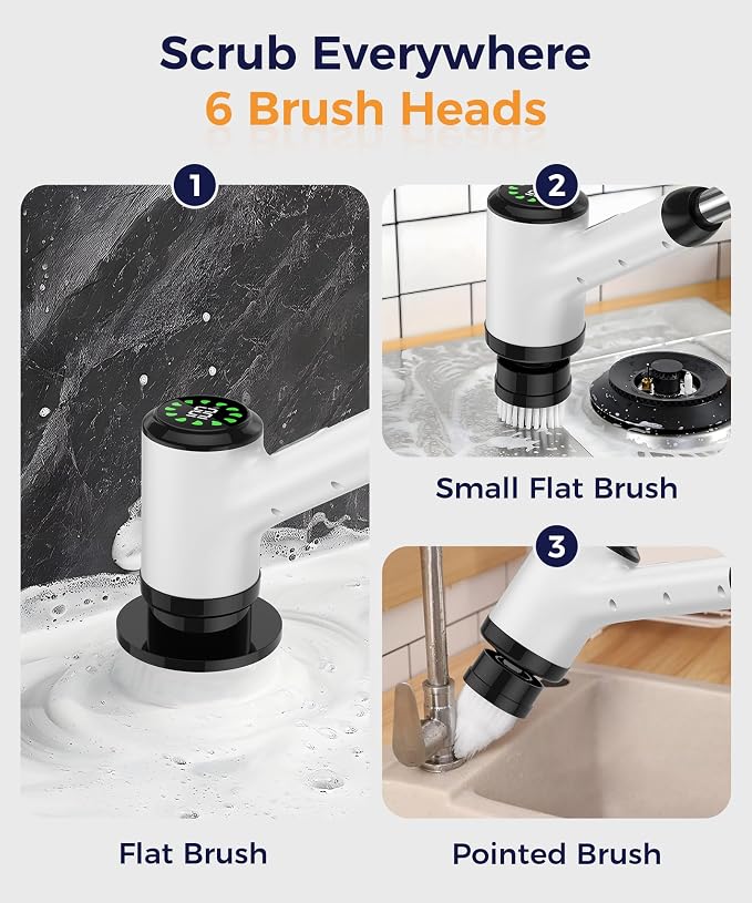 Electric Spin Scrubber, Cordless Cleaning Brush with 6 Replaceable Heads, Adjustable Long Handle, IPX7 Waterproof Lightweight Power Scrubber for Bathroom Tile Grout Tub Shower, White-le1
