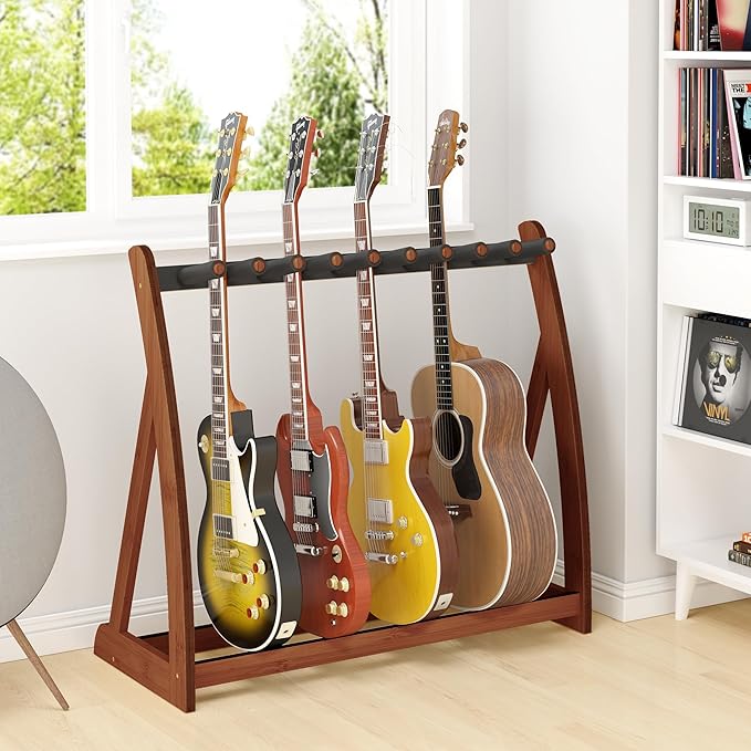 Guitar Stand Rack, Multi-Guitar Display Rack Adjustable Bamboo Guitars Holder Electric Guitar Stands Floor Storage for Bass Acoustic, Home Studio, Band Stage