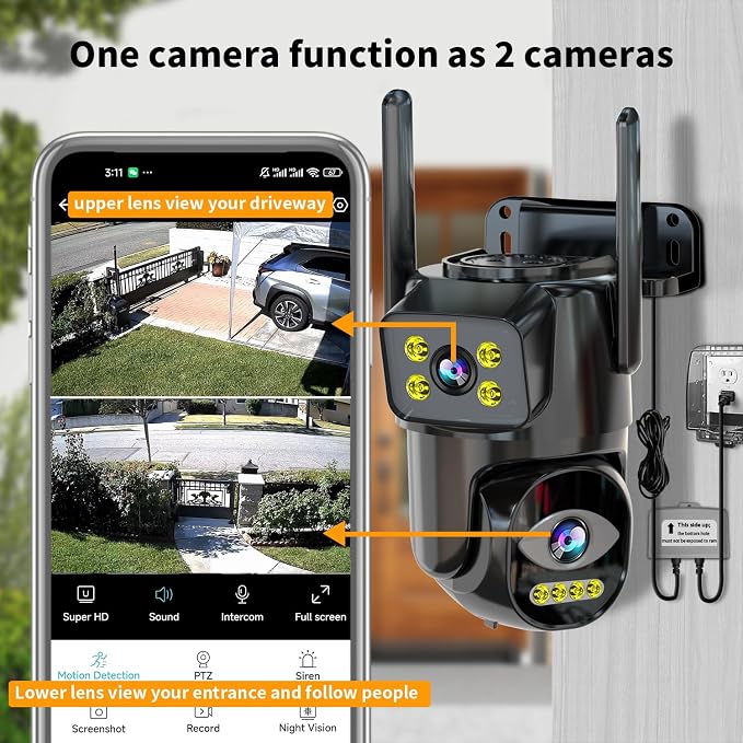 LETSCEE Dual Lens WiFi Security Camera Outdoor, 2.4G/5G PTZ Outdoor Plug-in Camera Auto Tracking,Home Security Surveillance System,WiFi,Night Vision,7/24 Recording