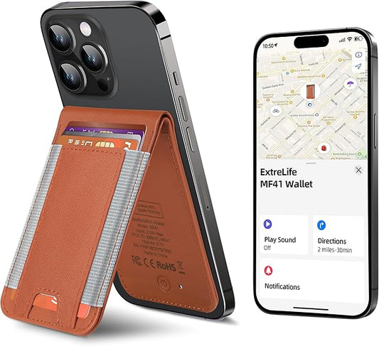 ExtreLife MagSafe Wallet, Work with Apple Find My, Magnetic Phone Wallet Stand for iPhone 17/16/15/14/13/12 Series, 8 Card Holder, RFID Blocking, Rechargeable, Brown
